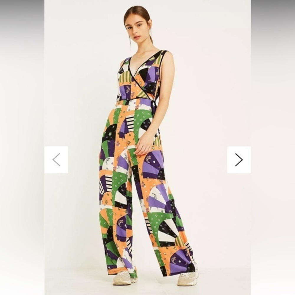 Urban Outfitters Black, Purple, Green & Peach Geometric Print Wide-Leg Jumpsuit